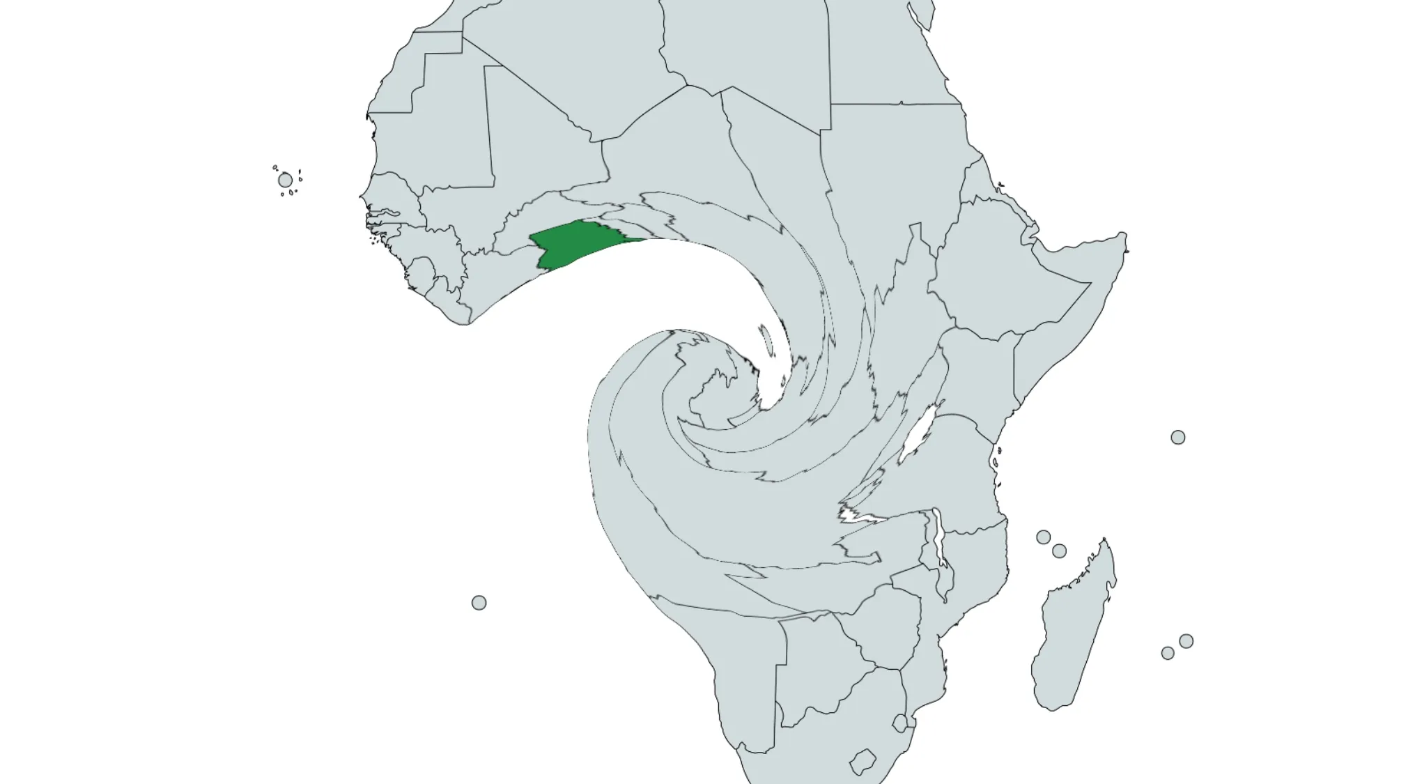 Country highlighted in green on a distorted map of Africa, part of the guess the country from the crazy map challenge