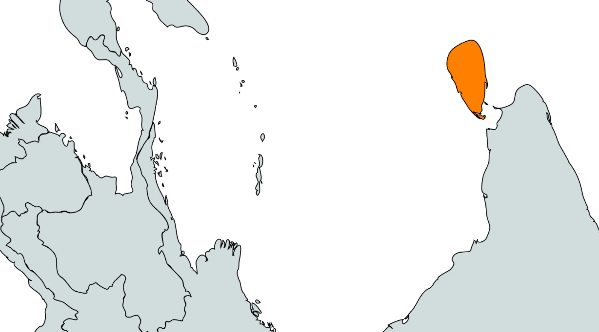 Map with a country highlighted in orange, part of guess the country from the crazy map geography quiz.