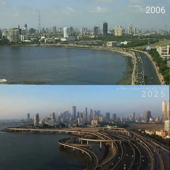 Comparison of urban hell cityscape in 2006 and 2025 showing increased roads and dense modern life development.