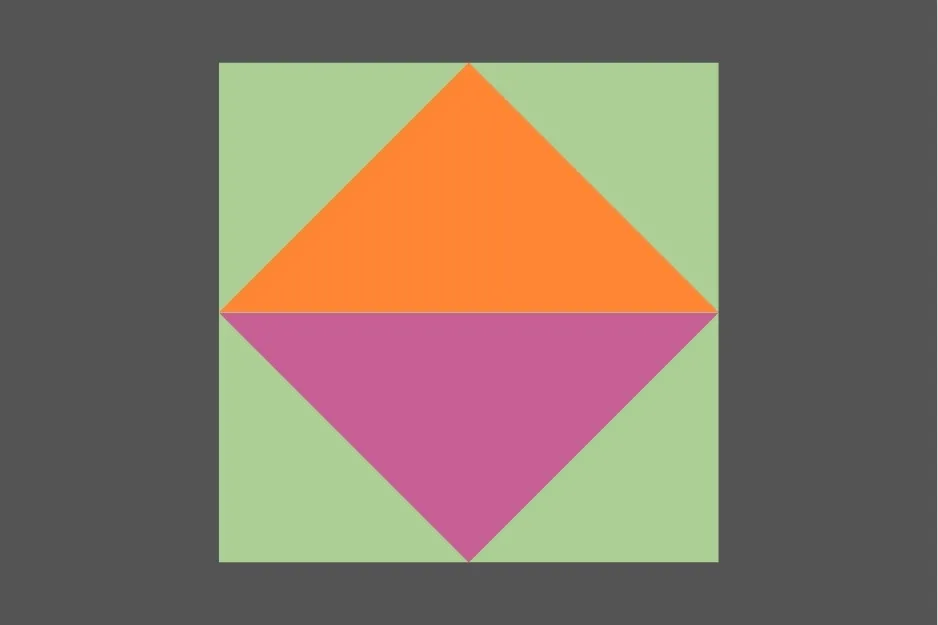 Abstract geometric figure with orange and pink triangles inside a green square, illustrating which figure comes next puzzle.