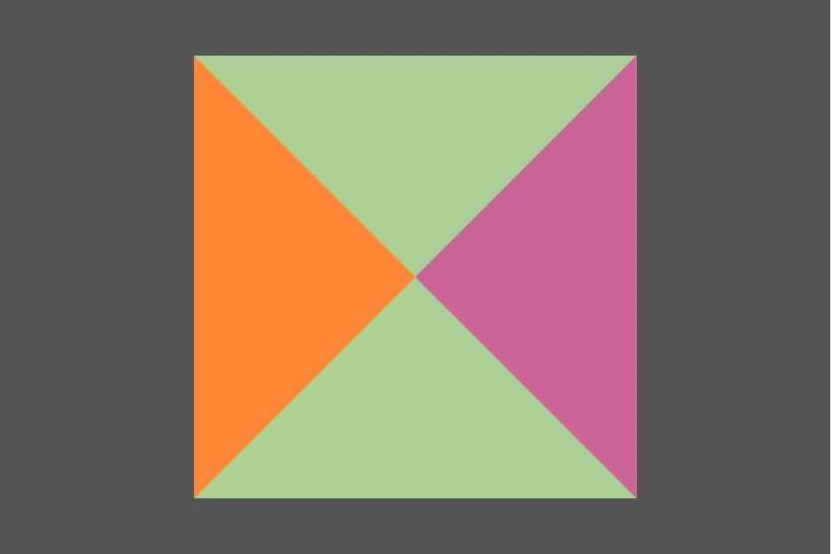 Abstract geometric figure with orange, green, and purple triangles centered on a dark gray background, puzzle asking which figure comes next