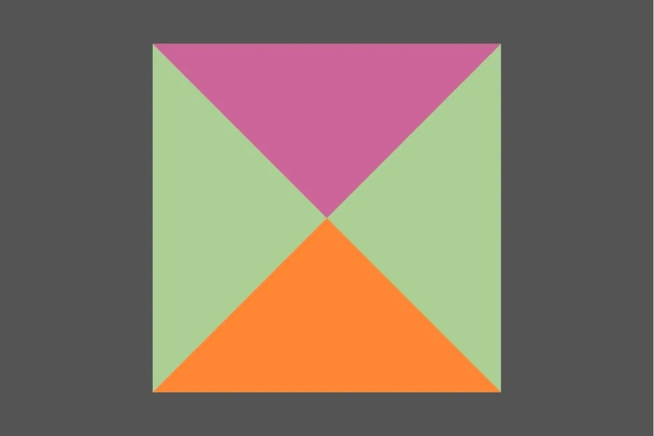Abstract geometric figure with colored triangles in pink, green, and orange, related to which figure comes next puzzle.