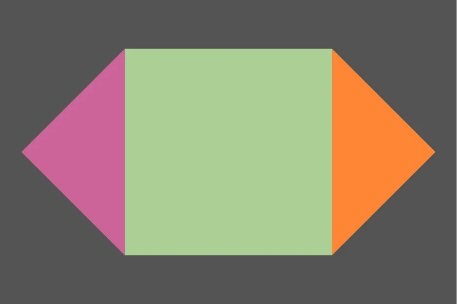 Geometric figure highlighting shape sequence with colored triangles and a central green rectangle on a gray background.