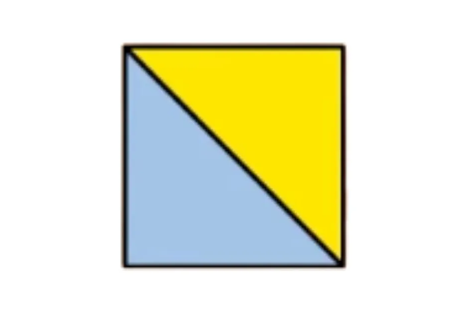 Square divided diagonally into two triangles, one yellow and one blue, illustrating pattern completion concept.