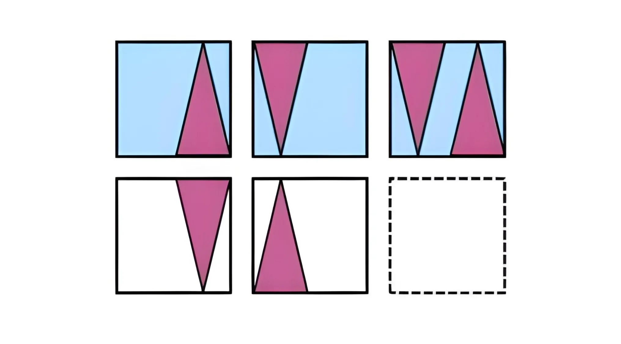 Naglieri nonverbal ability IQ test with six shapes in blue and pink, one figure missing in the bottom right corner.