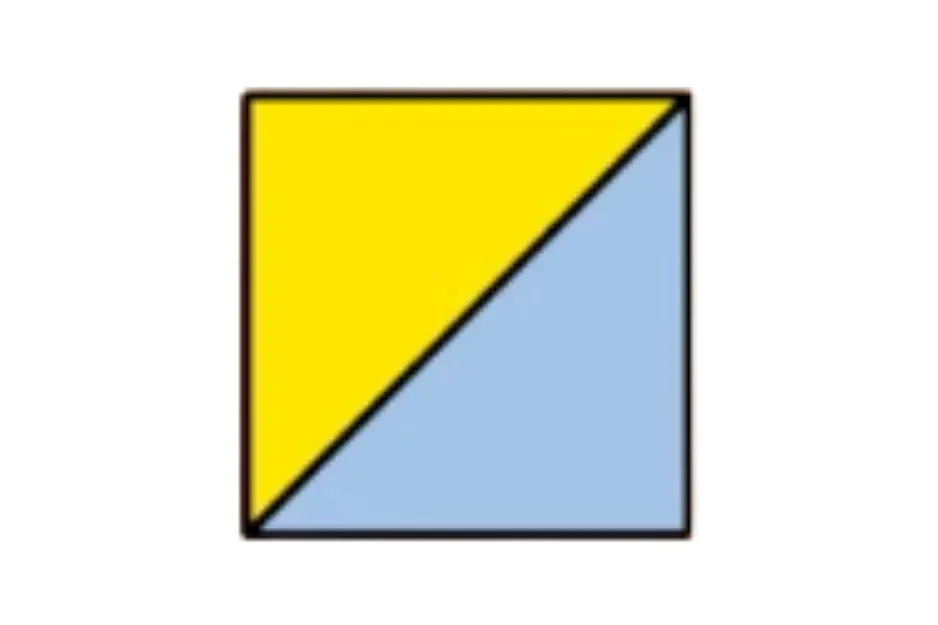 Square divided diagonally with yellow upper left and blue lower right, illustrating which completes the pattern B.