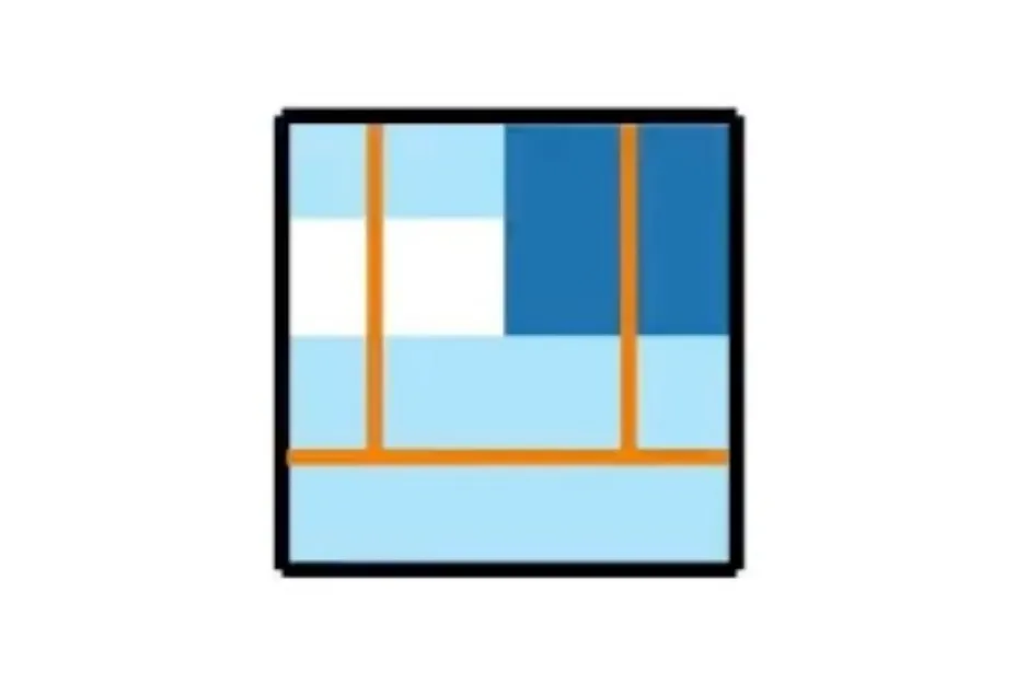 Abstract geometric puzzle with blue squares and orange lines, challenging to look attentively and choose the missing piece B.