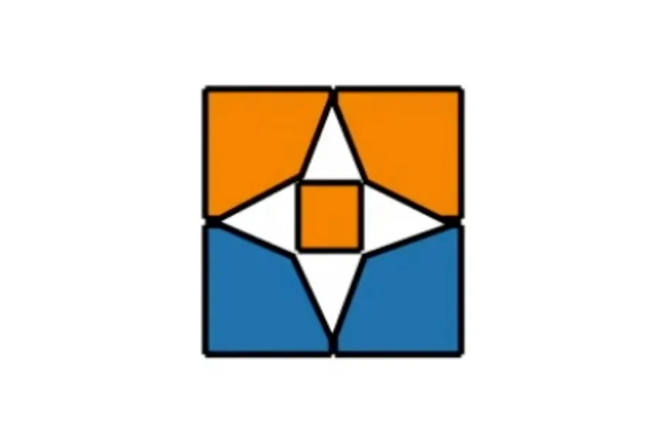 Abstract geometric shape with orange and blue sections surrounding an empty box puzzle piece for image fits.