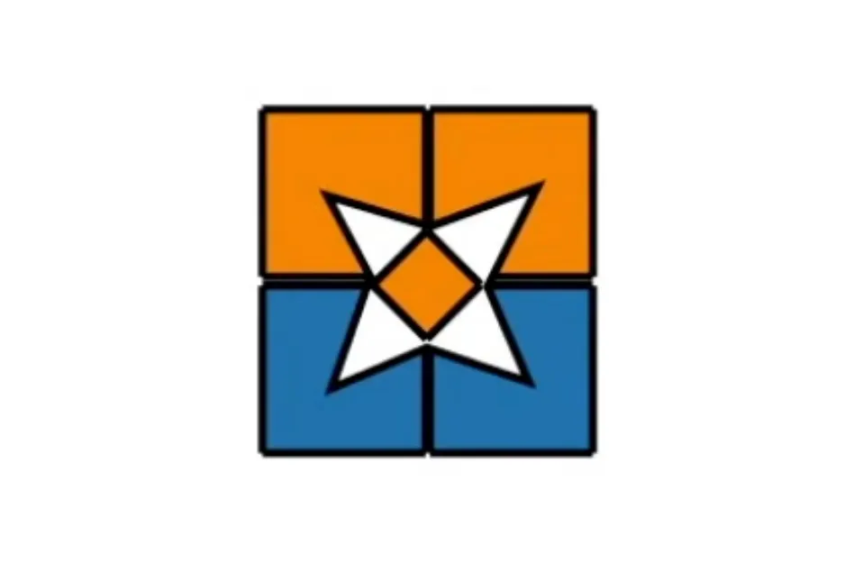 Abstract geometric design featuring orange and blue squares with a white star shape fitting in the empty box.