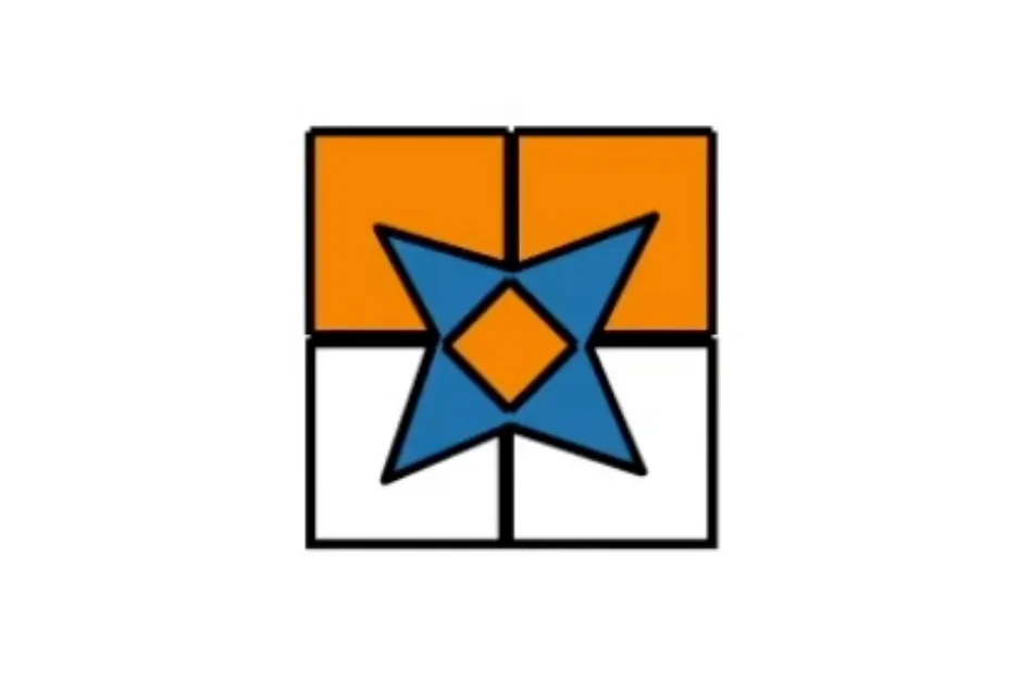 Abstract geometric image with blue star and orange diamond shapes inside a divided square, related to which image fits box puzzle.