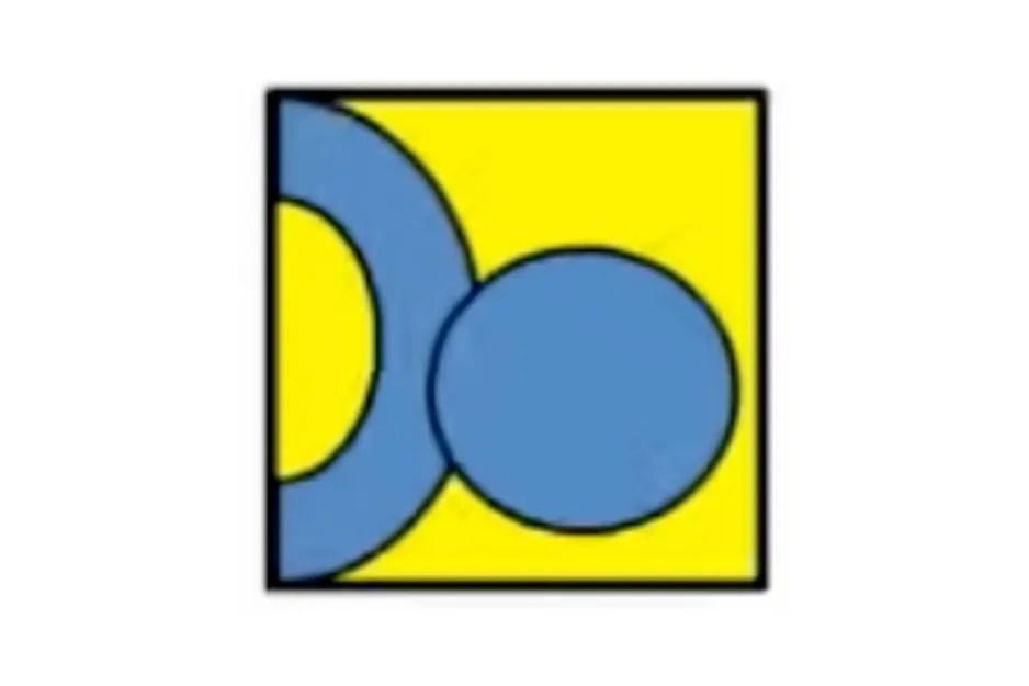 Blue crescent and circle shapes inside a yellow square, part of which figure completes the matrix puzzle.