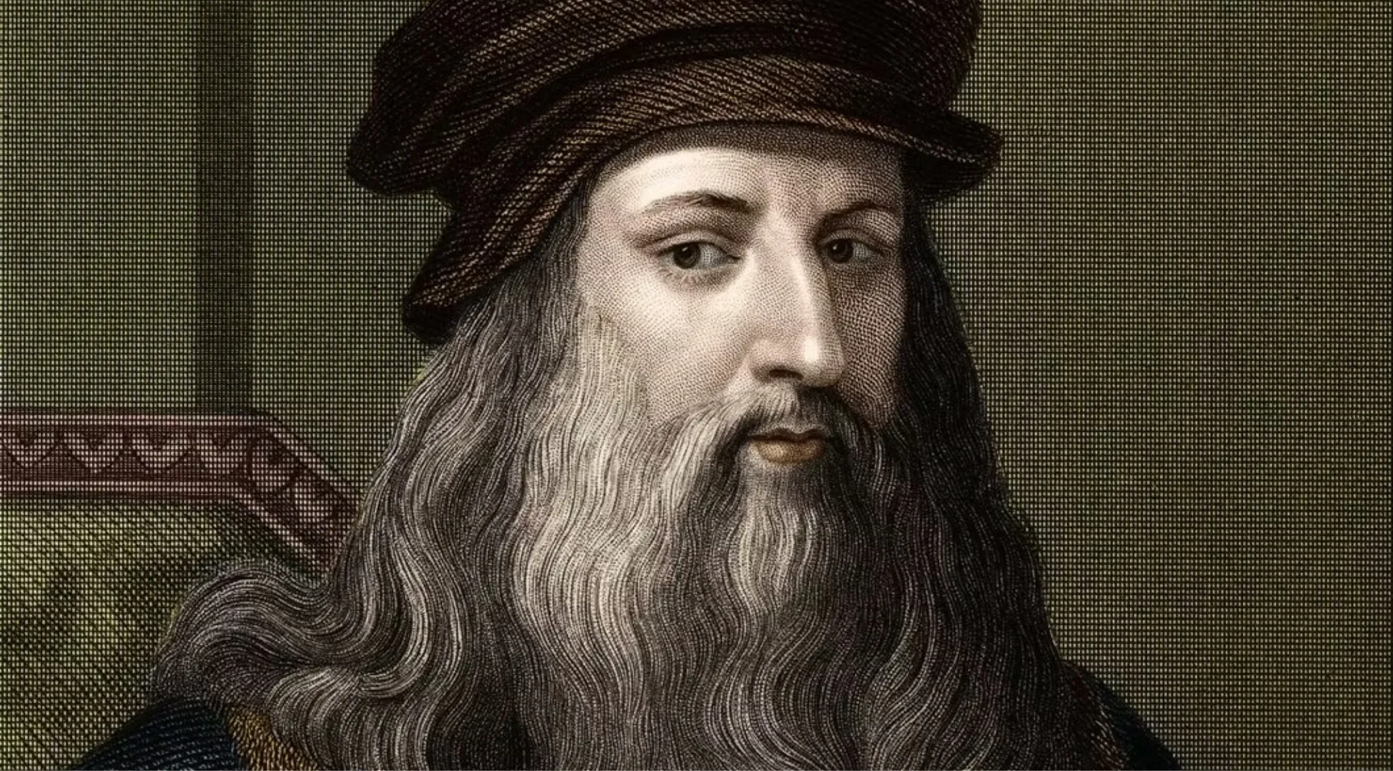 Portrait of Renaissance artist and inventor Leonardo da Vinci with long hair and a dark hat.