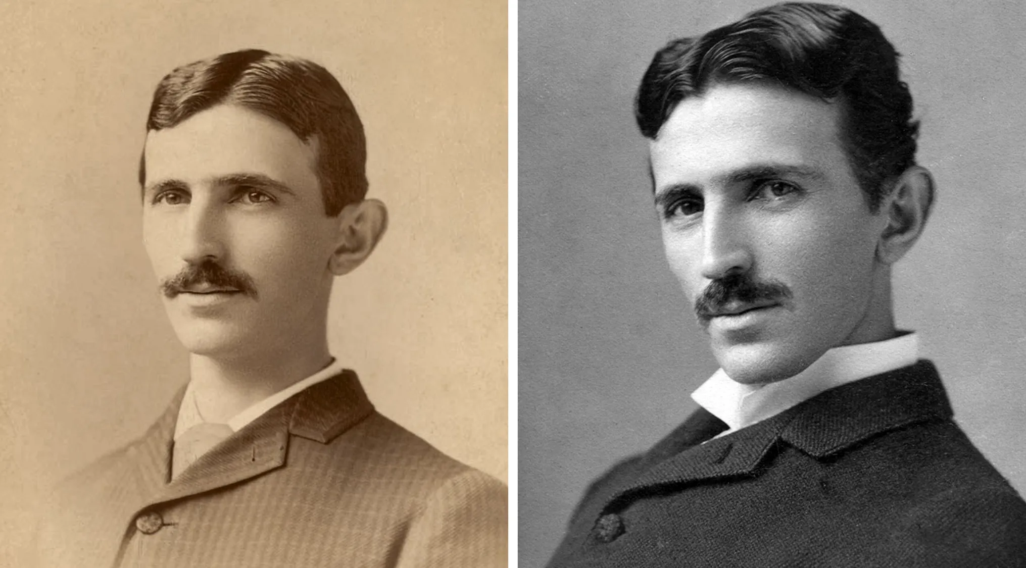 Two vintage portraits of the famous inventor known for electricity and alternating current AC innovations.