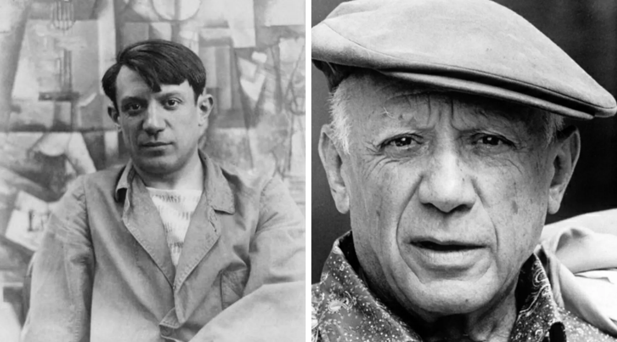 Black and white side-by-side portraits of the Spanish artist who helped create the Cubist movement Pablo Picasso.