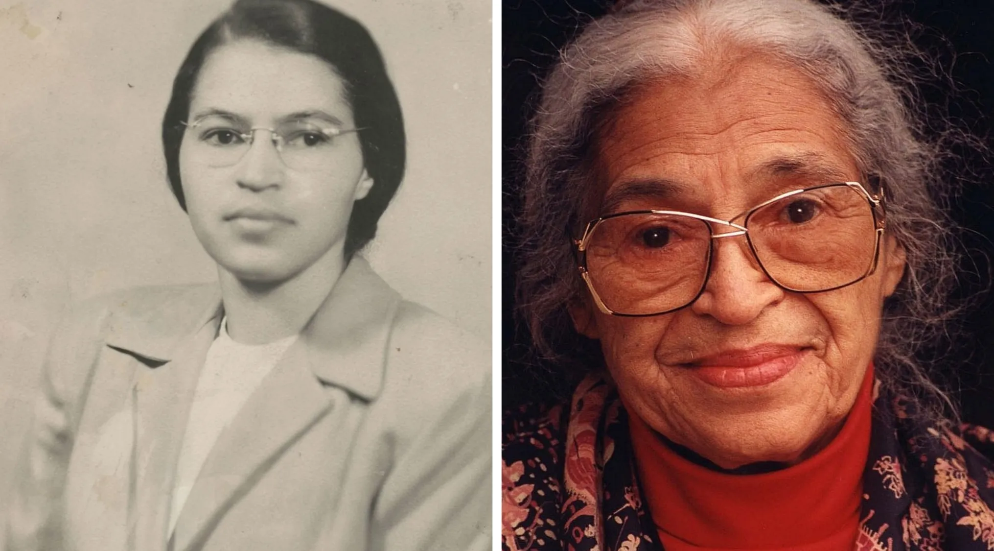 Side-by-side photos of a woman who became a symbol of the civil rights movement after refusing to give up her bus seat.