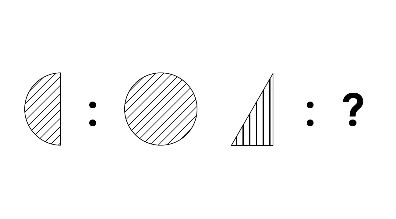 Half-shaded semicircle pairs with fully shaded circle; striped triangle pairs with a missing figure in Naglieri Nonverbal Ability IQ Test.
