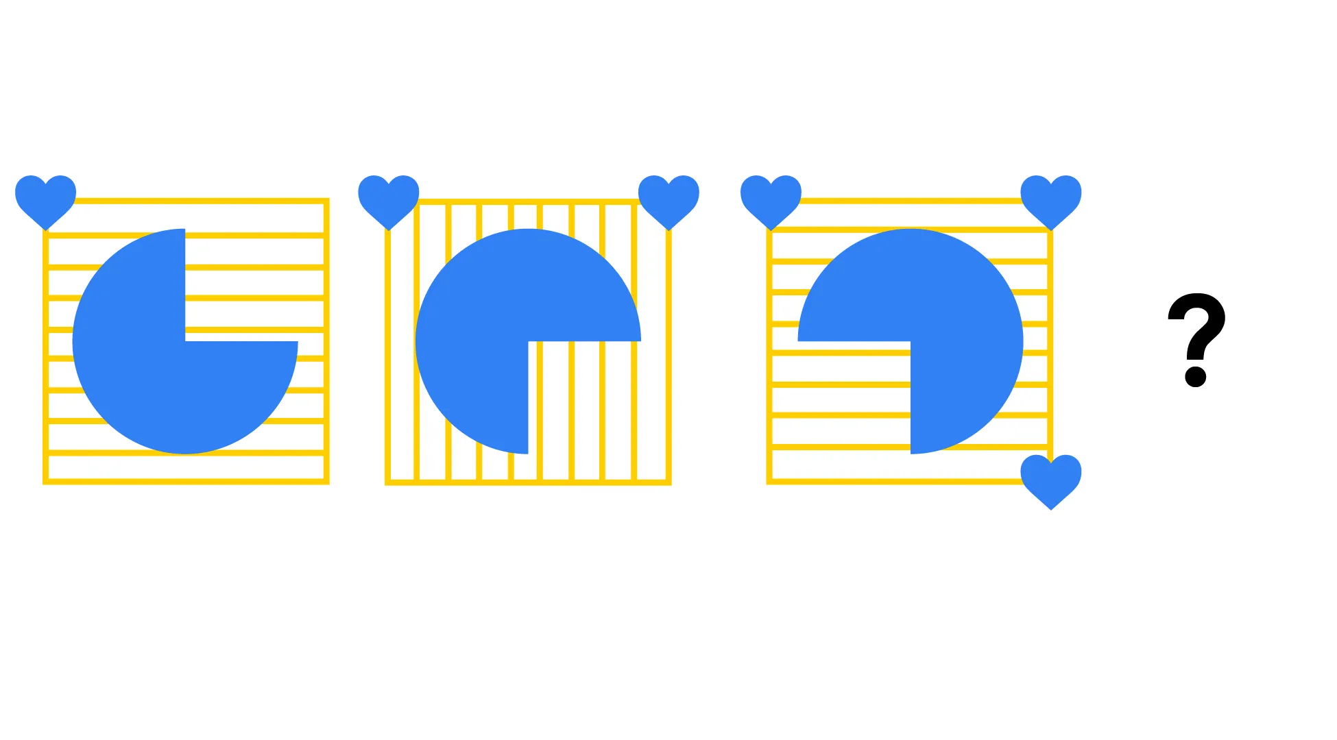 Blue pie chart shapes inside striped squares with hearts in corners, part of Naglieri Nonverbal Ability IQ Test sequence question.