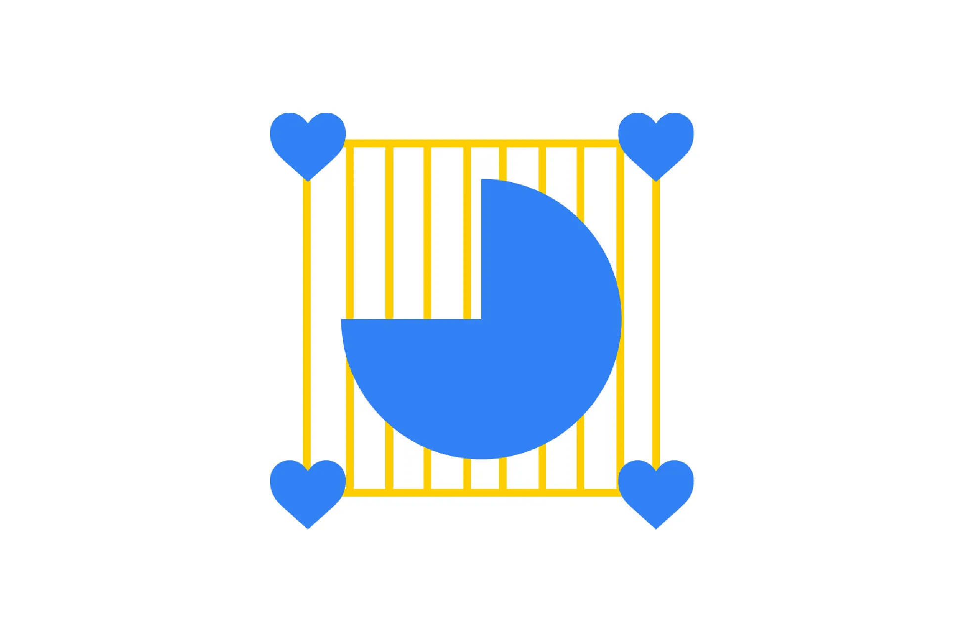 Blue pie chart with one quarter missing inside a yellow grid with blue hearts on each corner, showing a sequence puzzle.