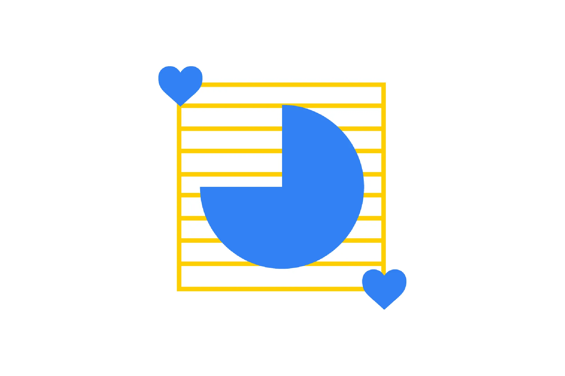Blue pie chart with one-quarter segment missing inside a yellow lined square with blue heart icons in two corners.