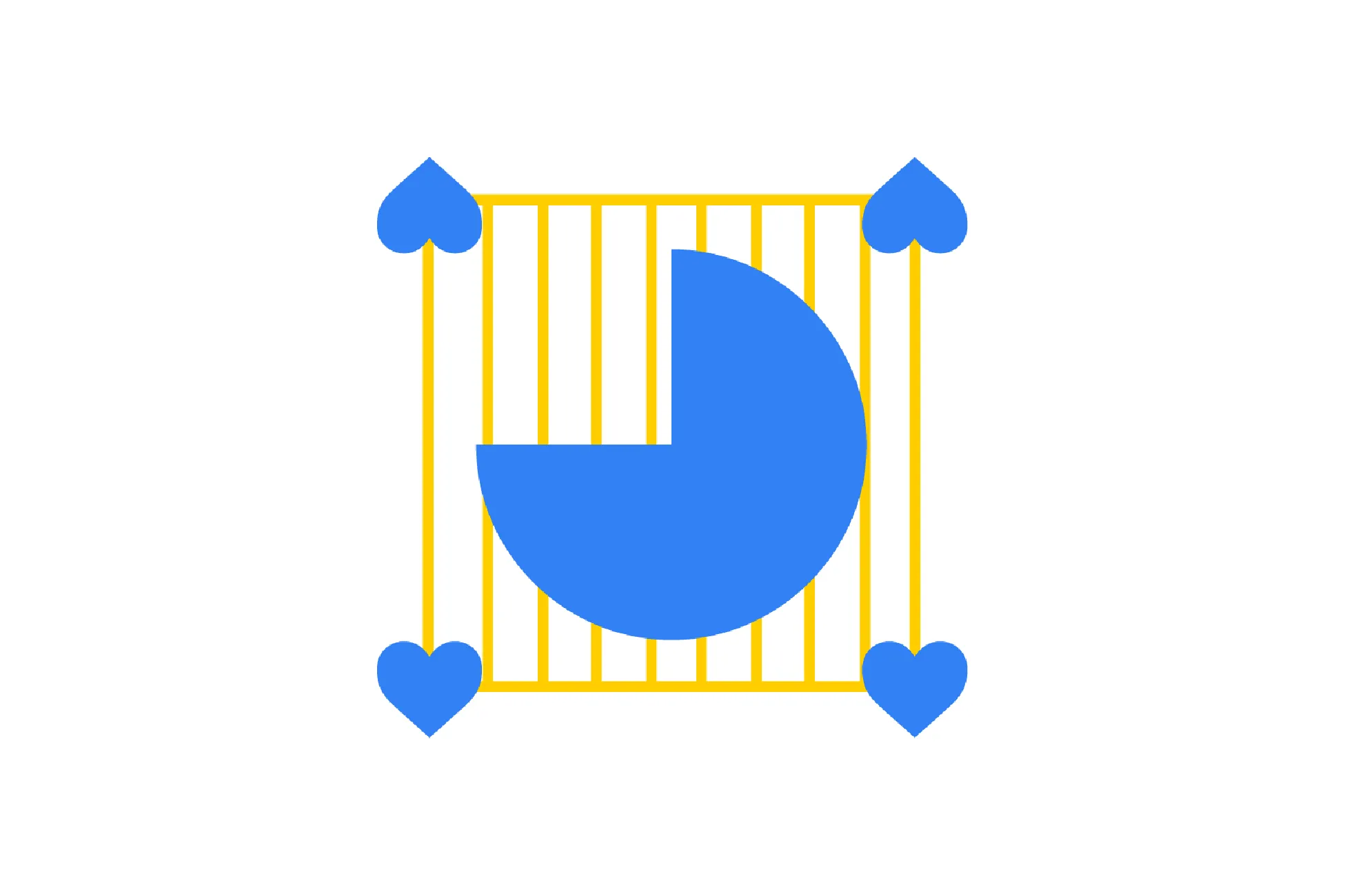 Blue quarter circle inside a yellow square with vertical lines and blue heart shapes at each corner in the sequence.