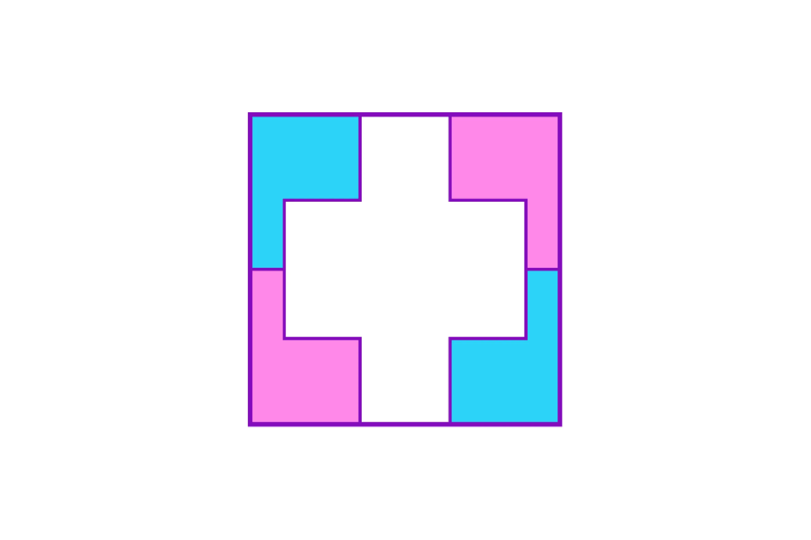 Abstract geometric shape with blue and pink sections forming a square and a missing image in the center labeled D