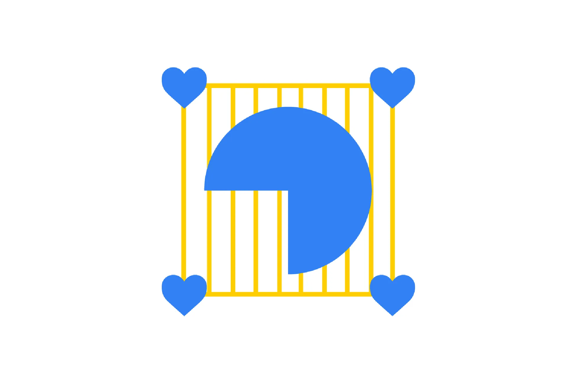 Blue quarter circle shape inside a yellow grid with blue heart shapes at each corner, sequence puzzle concept.