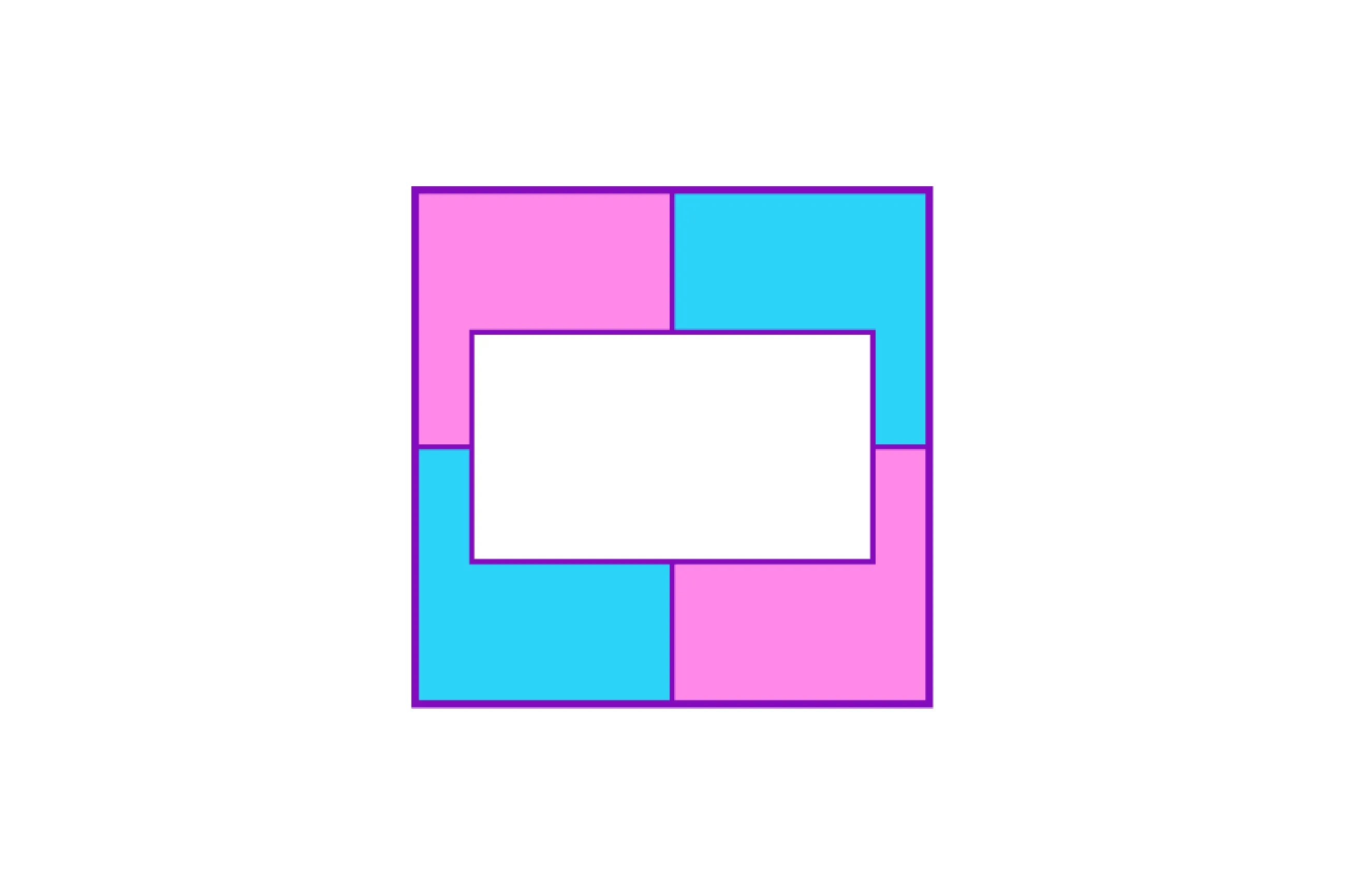 Square puzzle with alternating pink and blue shapes and a missing white center piece, related to which image is missing.
