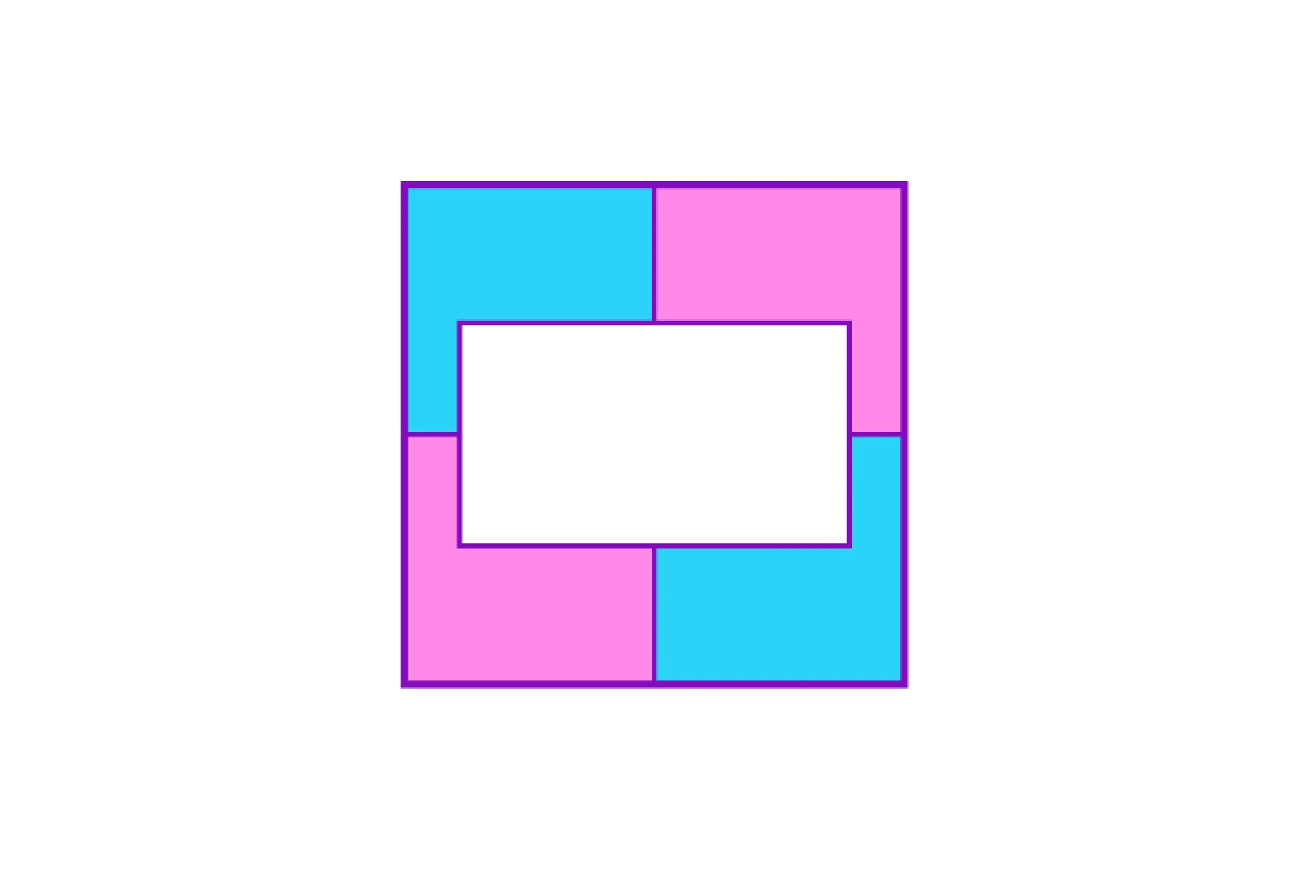 Abstract square design with alternating blue and pink shapes and a missing central image B segment.