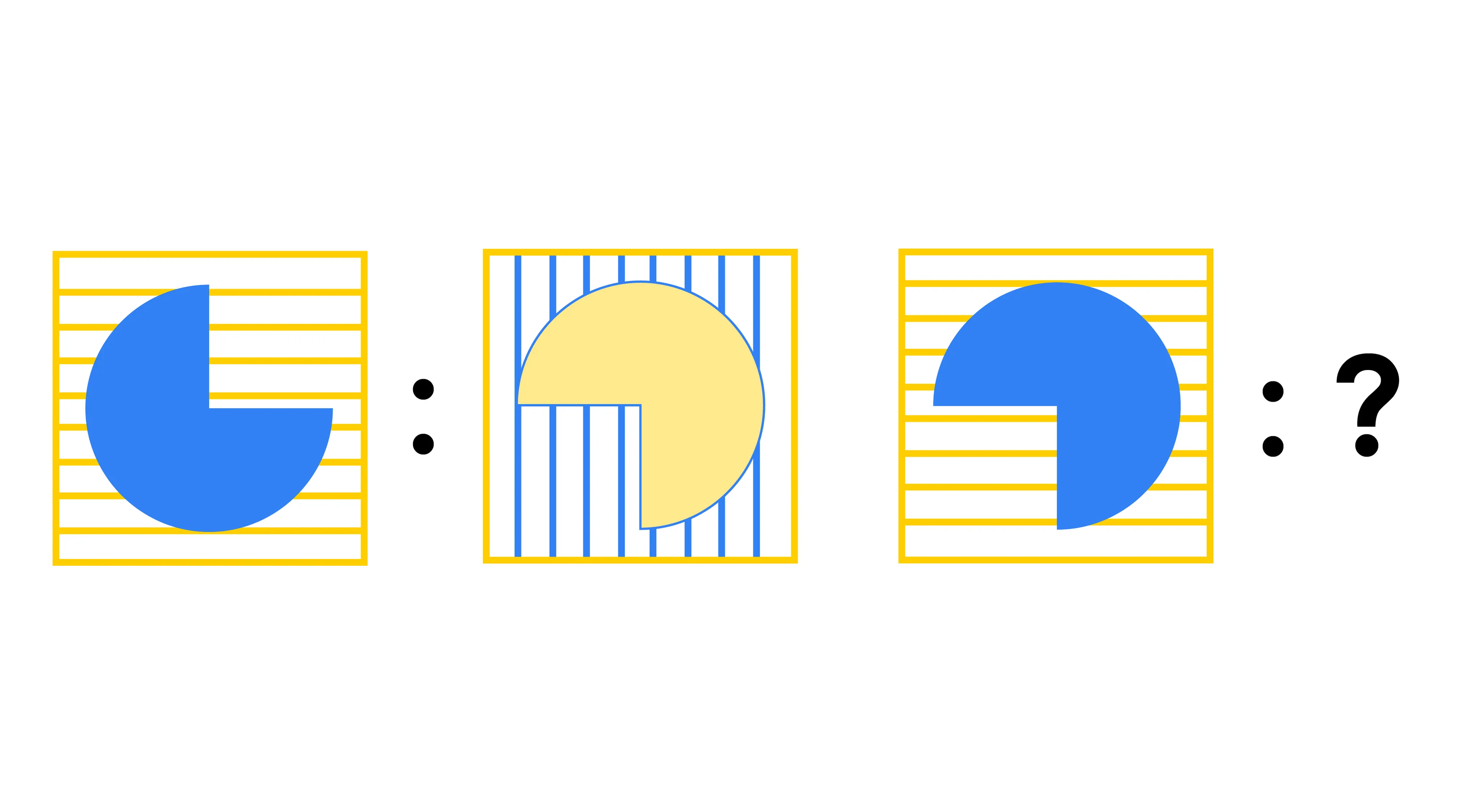 Naglieri Nonverbal Ability IQ Test puzzle with colored semicircles and striped backgrounds asking to pick the missing figure
