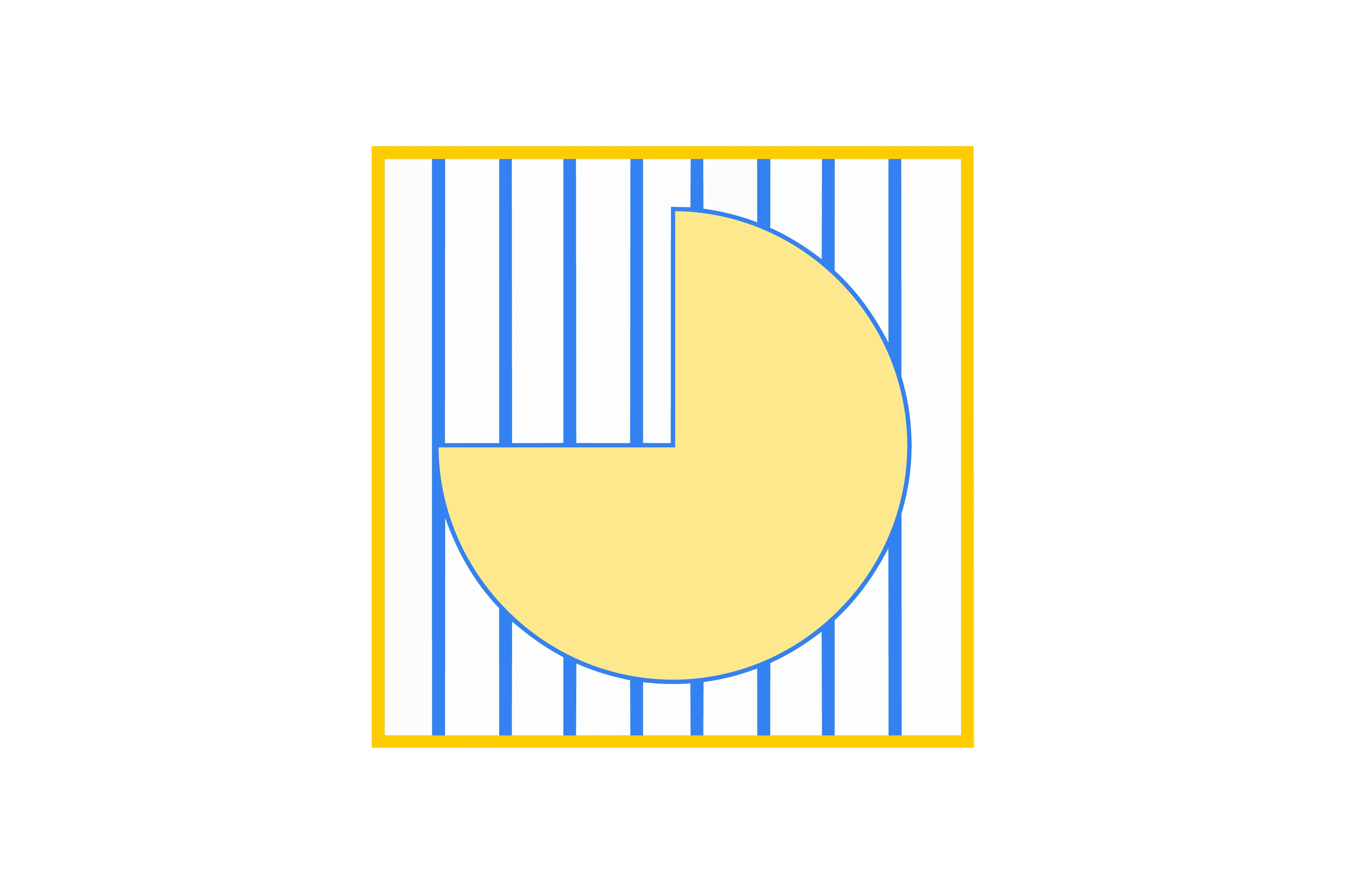 Yellow circle missing a quarter segment inside a blue striped square frame, a figure puzzle to complete.