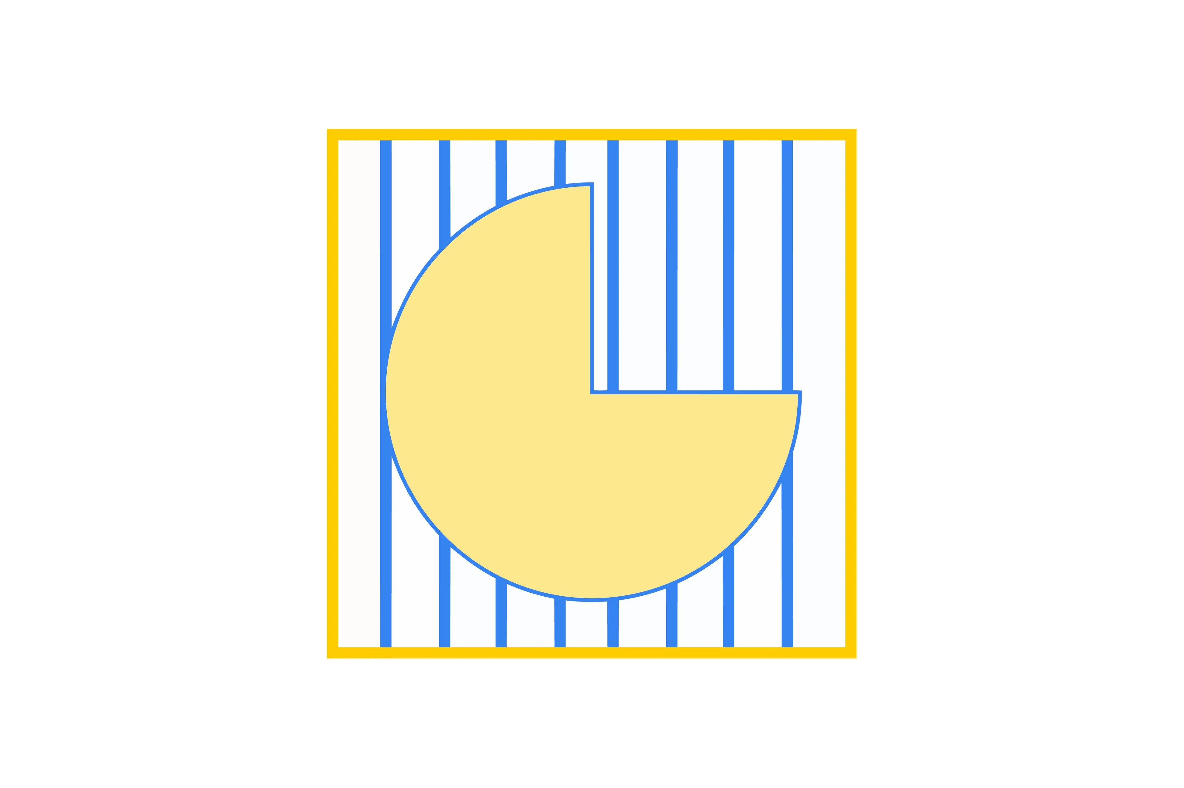 Square puzzle piece with yellow Pac-Man shape missing one quarter and blue vertical stripes in background