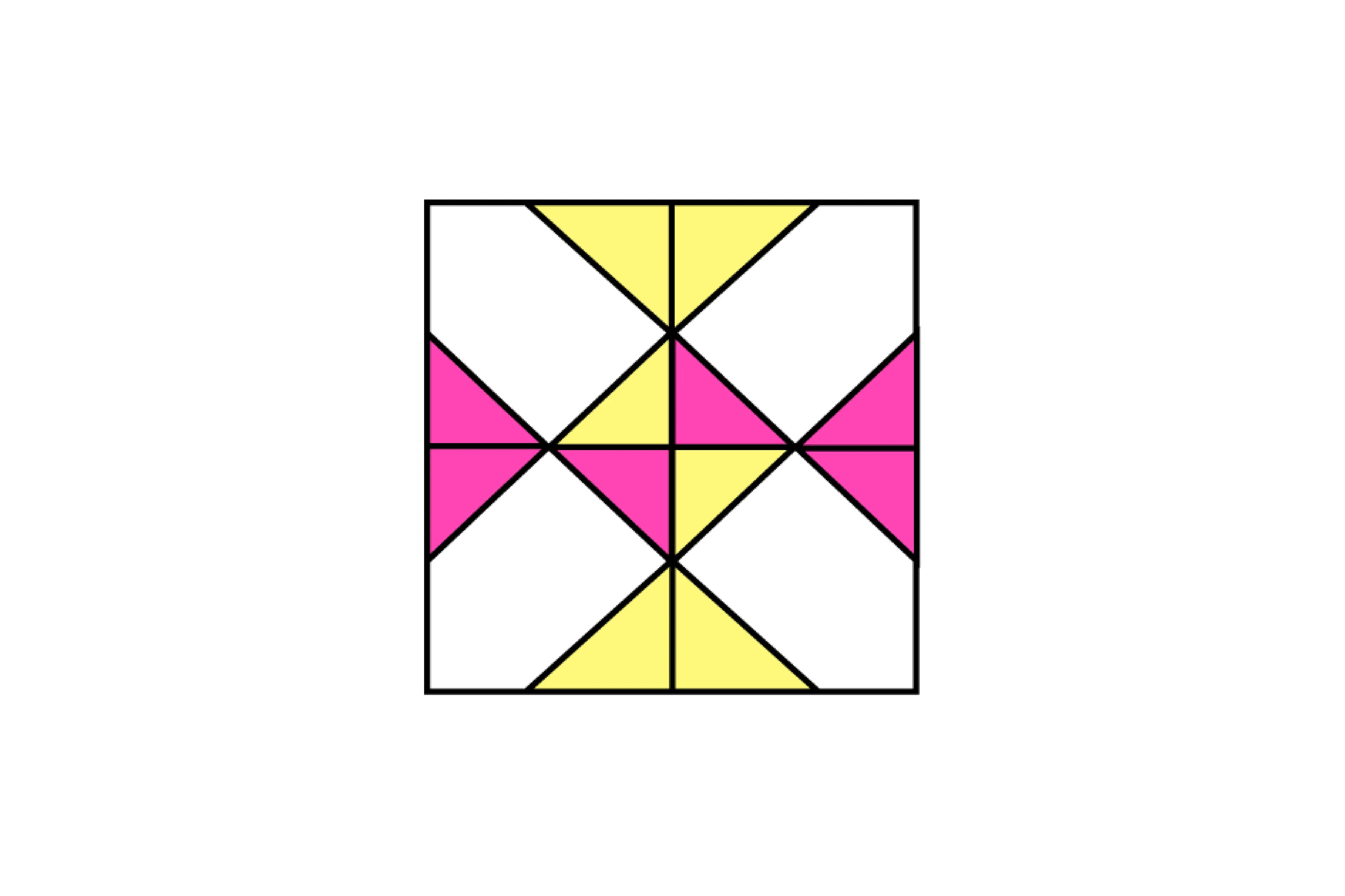 Colorful geometric shapes in a grid pattern puzzle, focusing on which of these completes the grid with yellow and pink triangles.