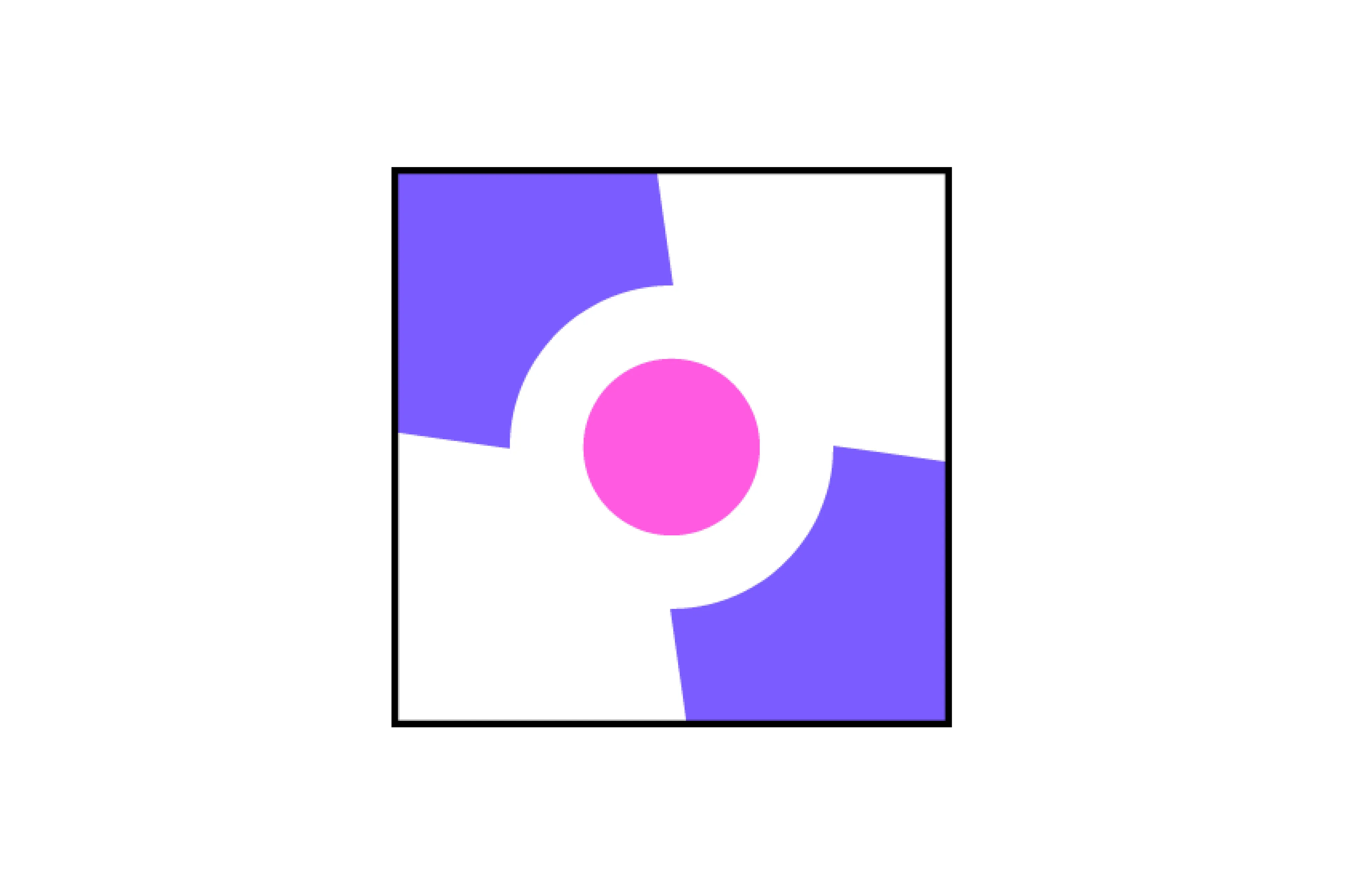 Abstract geometric design with a pink circle in the center and purple shapes, part of a which image is missing puzzle.