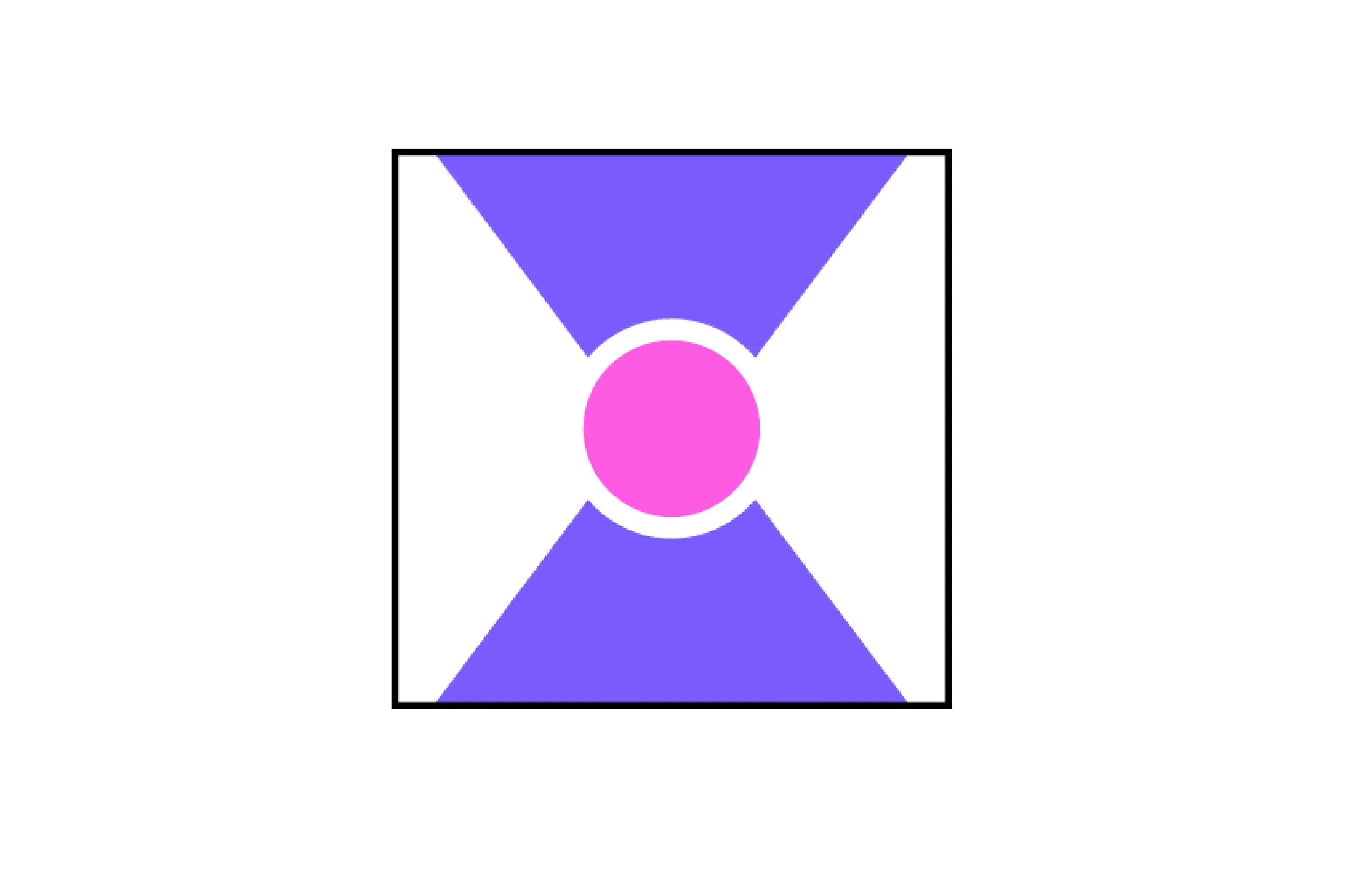 Abstract geometric image with a pink circle in the center and purple triangles forming an hourglass shape inside a square frame.