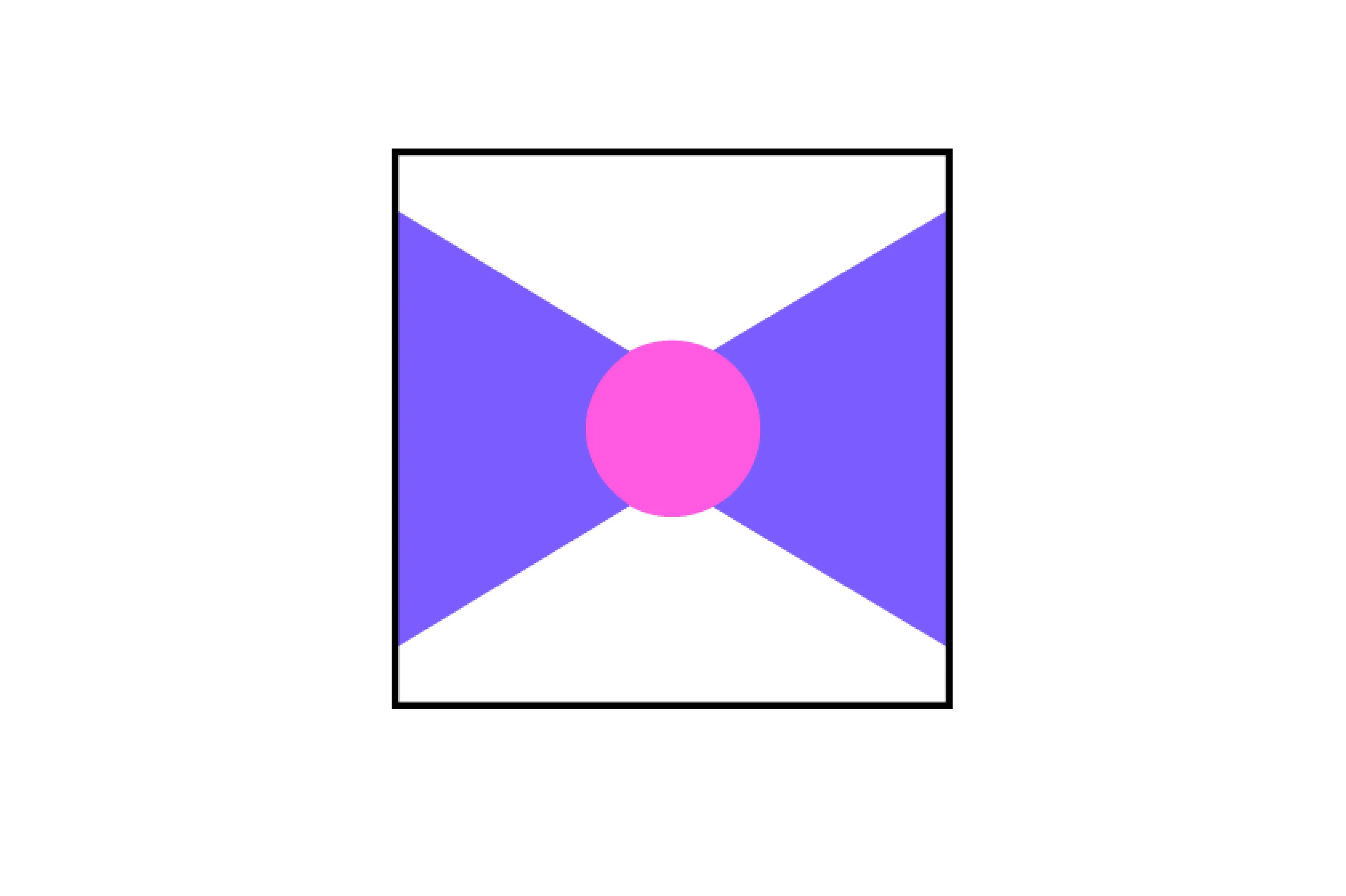 Abstract geometric image featuring a purple hourglass shape with a pink circle in the center on a white background.