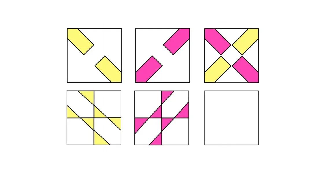 Naglieri Nonverbal Ability IQ Test puzzle showing colored shapes completing a grid with yellow and pink diagonal bars.