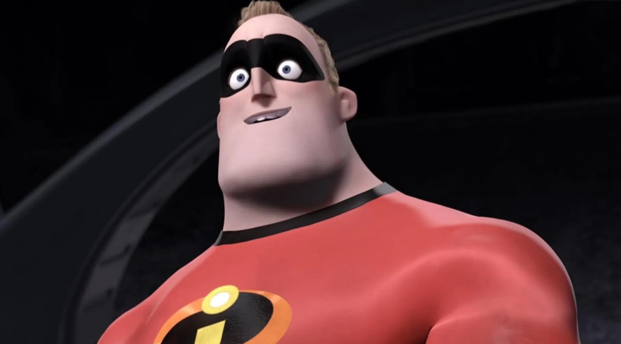 Mr. Incredible from The Incredibles in his red superhero suit with the iconic Incredibles logo visible on his chest.