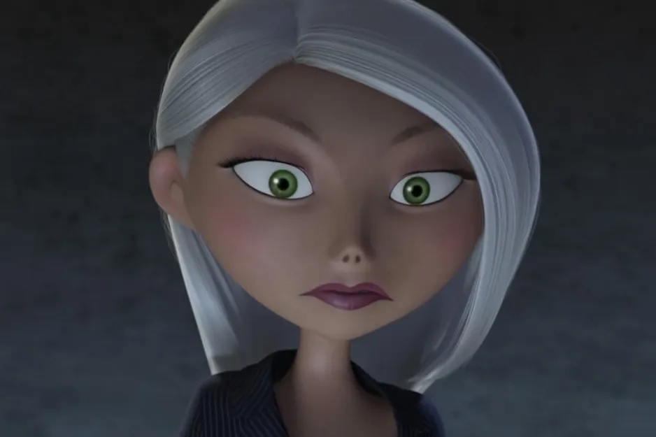Character with silver hair and green eyes from the animated series, representing Mr. Incredible's wife in a dark setting.