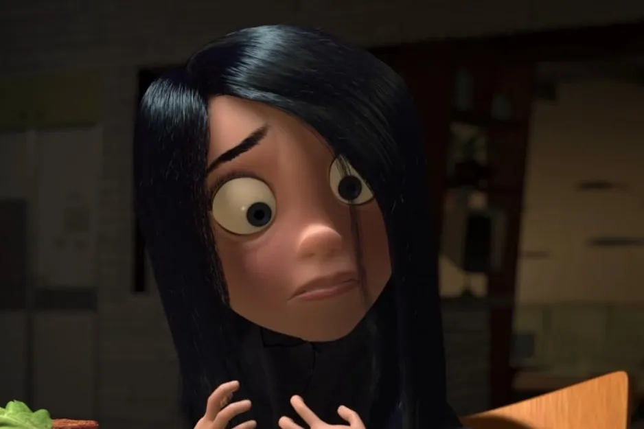 Helen Parr, Mr. Incredible's wife, with long black hair and a concerned expression indoors at a table.