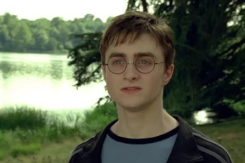 Young man with glasses near a lake and trees, representing Harry Potter from the Harry Potter series.