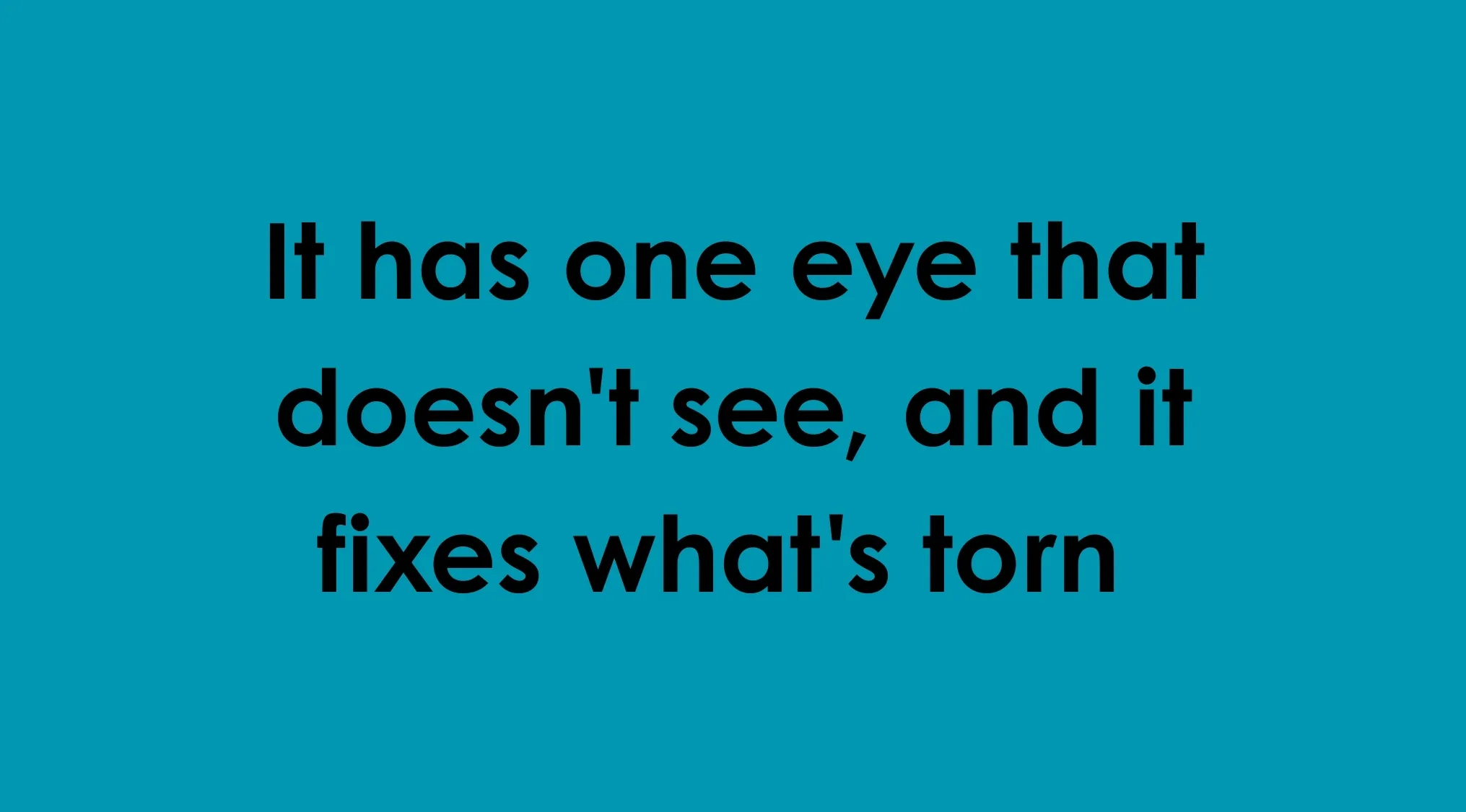 Text on blue background reading It has one eye that doesn’t see, and it fixes what’s torn, related to can you read our minds.
