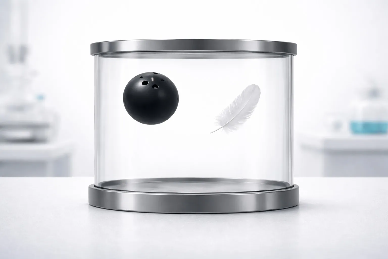 Vacuum chamber showing a bowling ball and feather suspended, illustrating science general knowledge concepts about object fall.