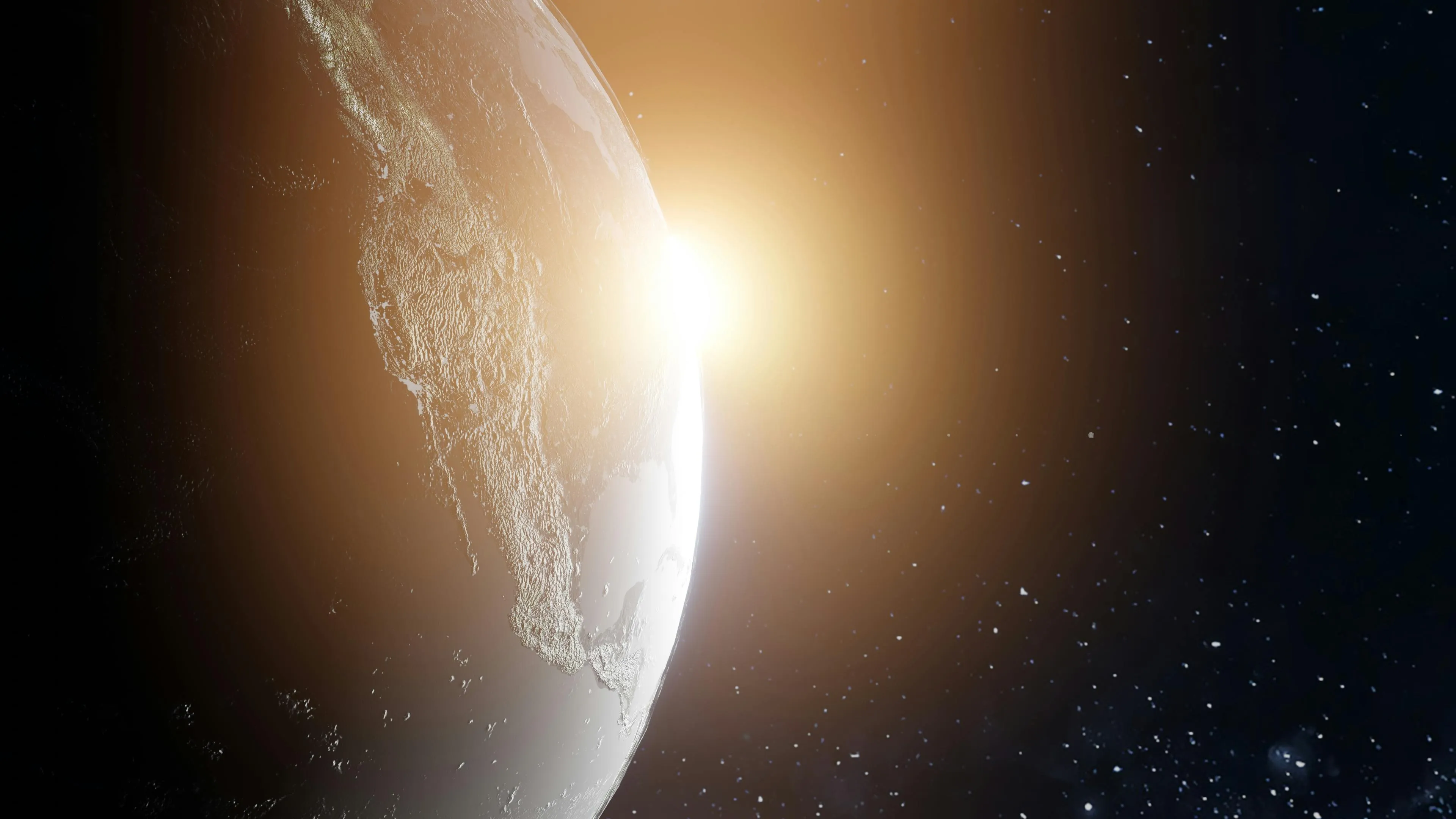 Earth’s orbit around the Sun shown with sunlight illuminating the planet against a starry space background.