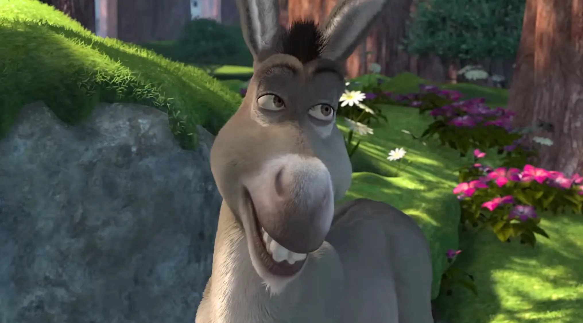 Donkey character smiling in a vibrant forest setting with flowers and trees, part of fictional couples quiz content