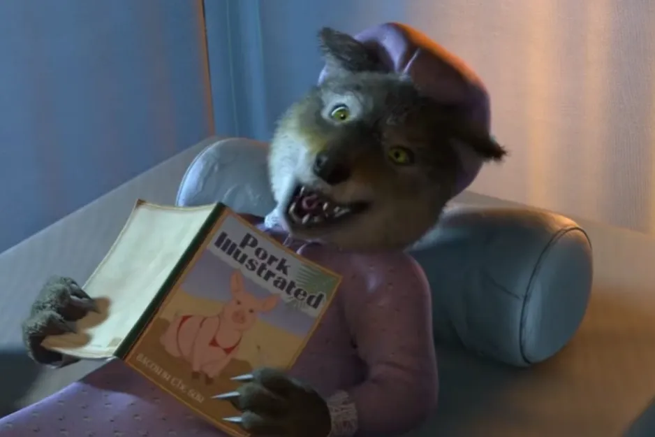 Wolf character in pajamas reading book in an animated scene related to Donkey's significant other.