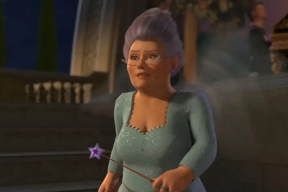 Fairy Godmother from Shrek holding a wand, a key character related to Donkey's significant other in the movie.