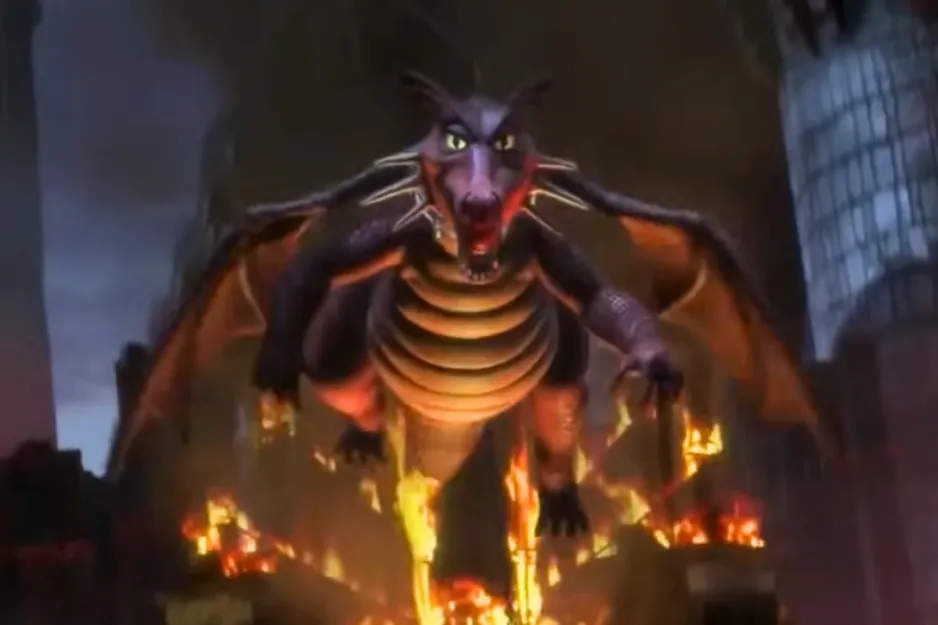 Dragon character flying over flames in a dark castle setting from an animated movie scene about Donkey's significant other.