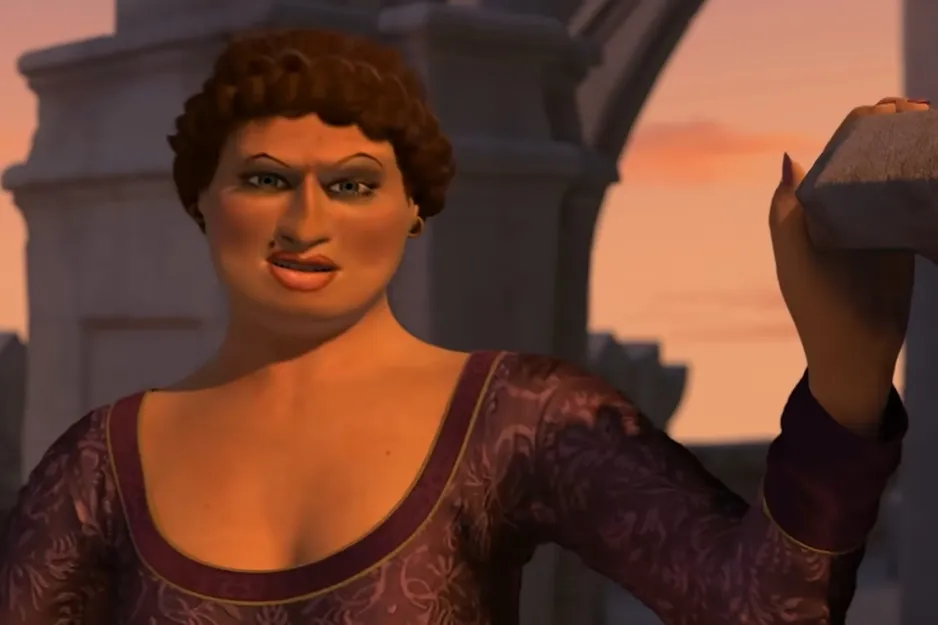 Woman character from Shrek, who is recognized as Donkey's significant other in the animated movie scene at sunset.