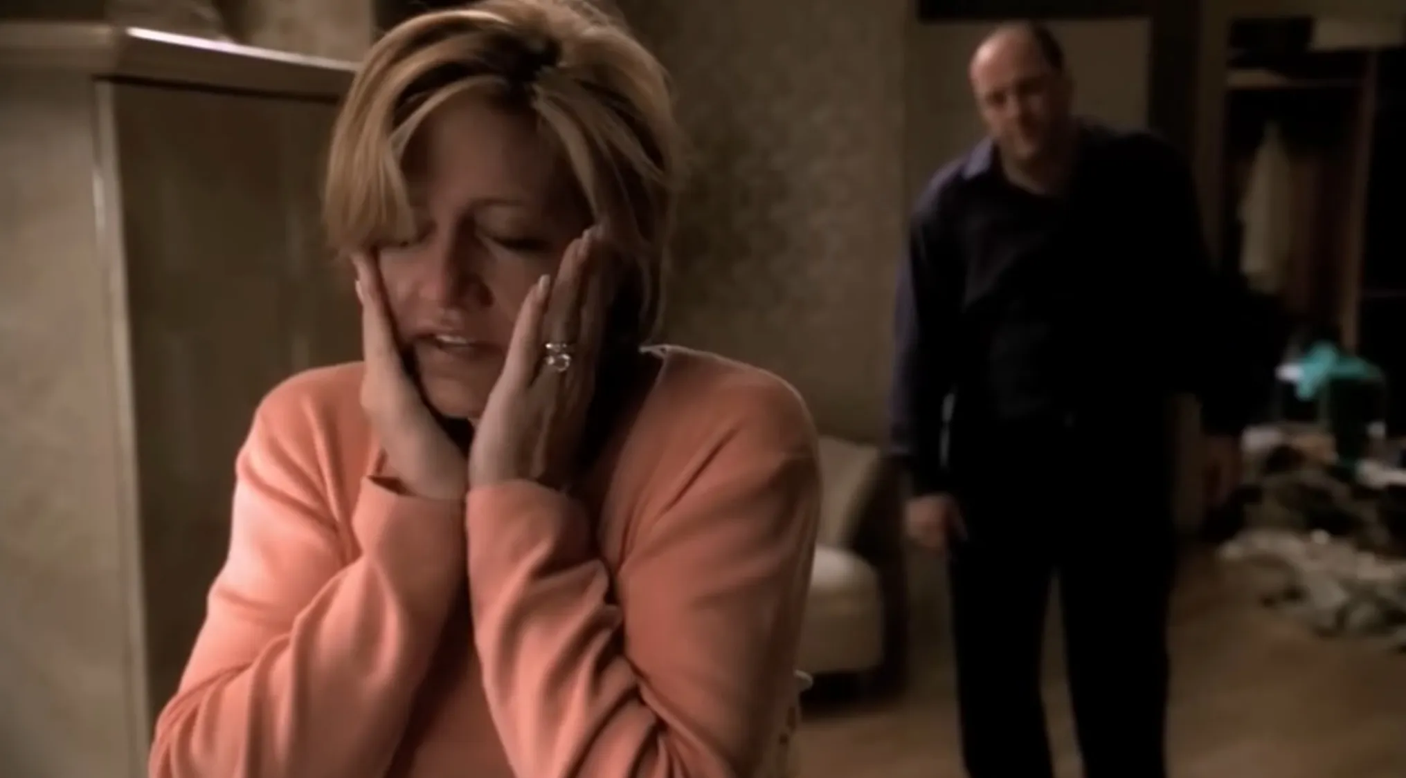 Tony and Carmela from The Sopranos in a tense moment, highlighting fictional couples quiz and divorce question.
