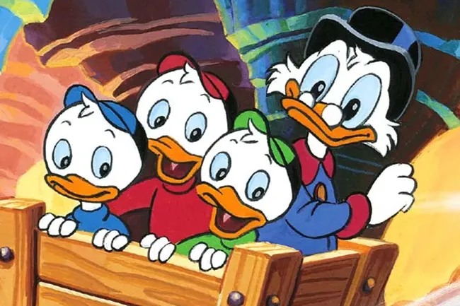 Huey, Dewey, Louie, and Scrooge McDuck from the nostalgic cartoon DuckTales riding a minecart in an adventurous scene.